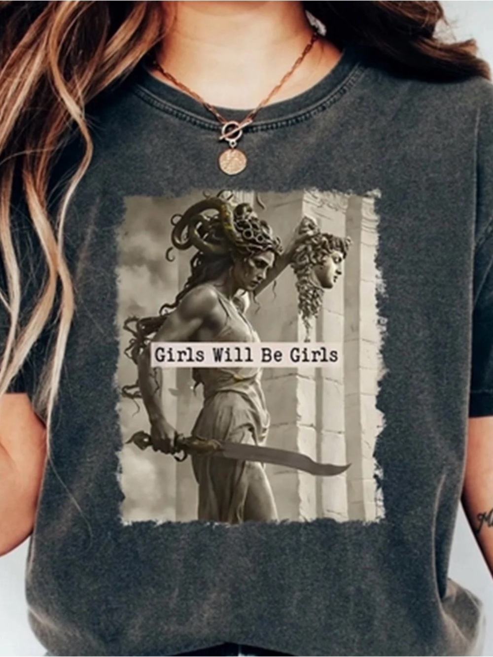 Girls Will Be Girls Medusa Graphic Tee - Charcoal